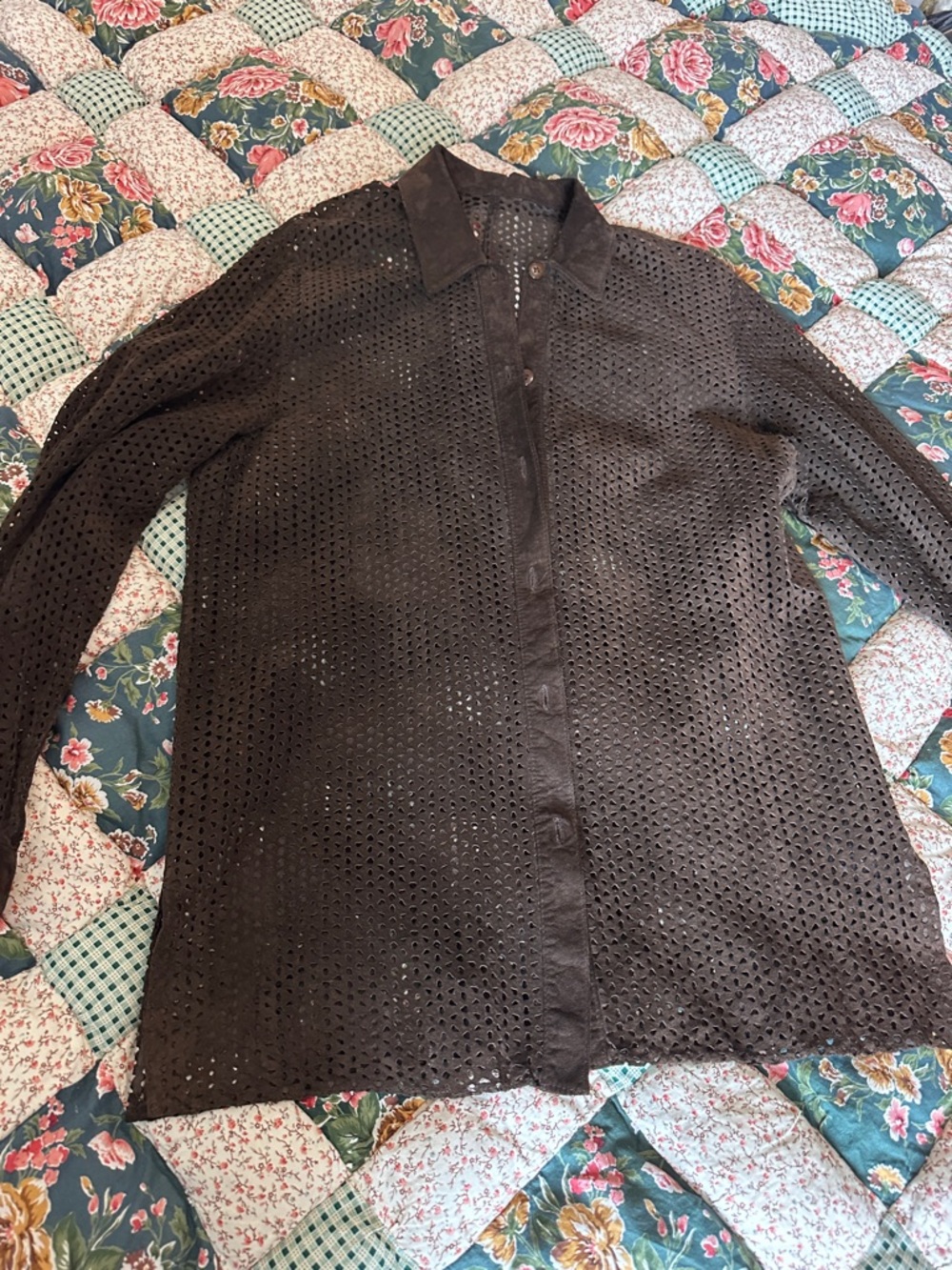 D—UNISEX Men's Brown XS Perforated Suede/leather Button-Up Jacket